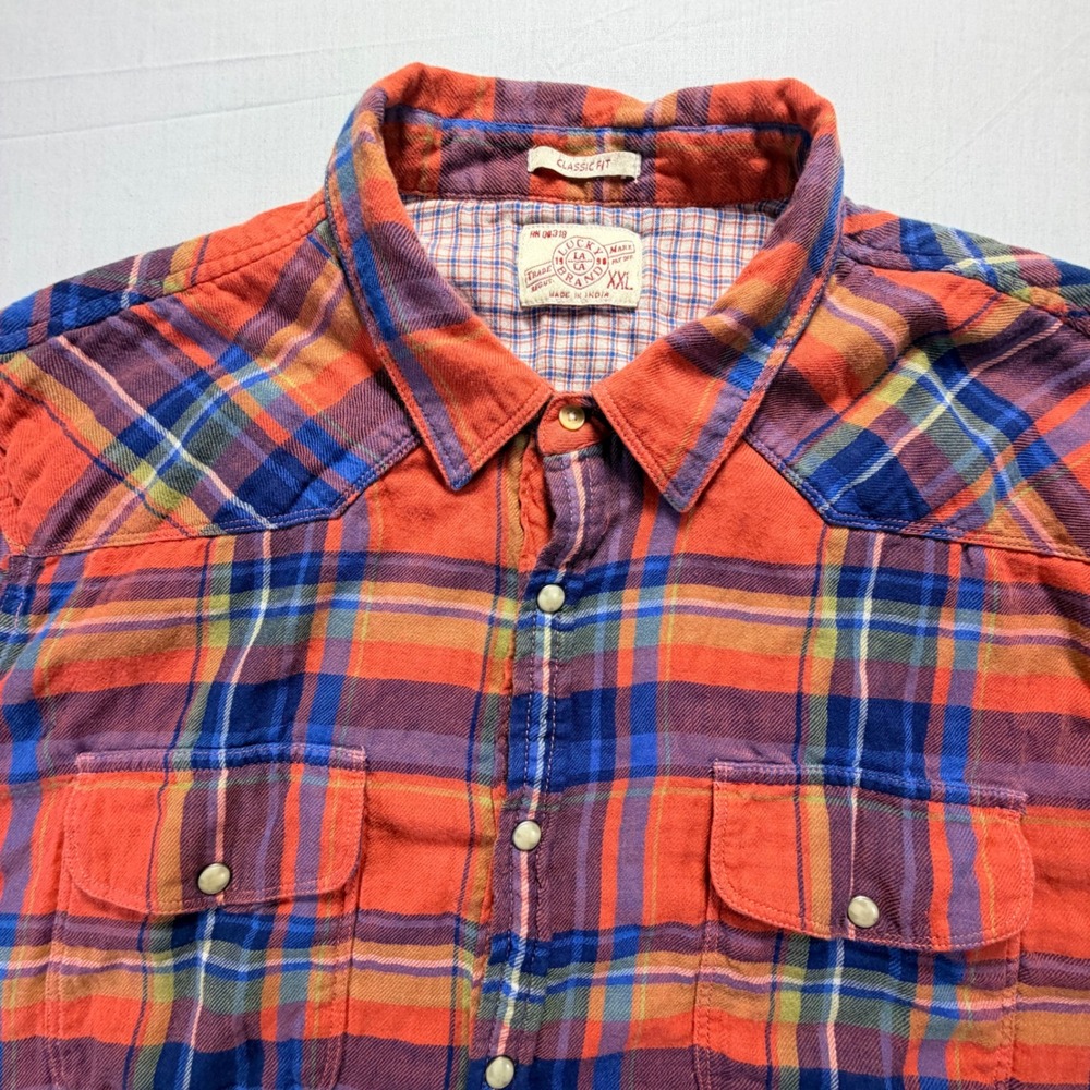 Lucky Brand Mens Red Blue Plaid Pearl Snap Classic Fit‎ SS Western Shirt XXL